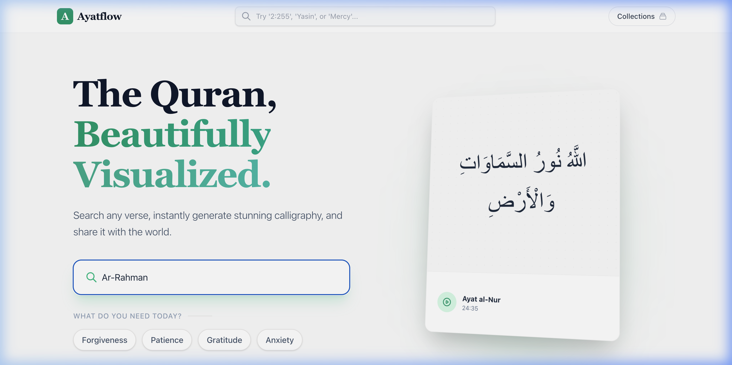 The AyatFlow Omnibox instantly recognizing the intent for Ar-Rahman